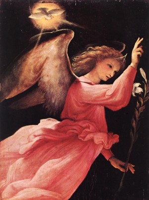 Oil angel Painting - Angel Annunciating    1527 by Lotto, Lorenzo