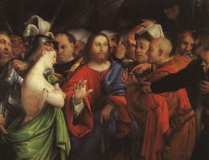 Oil lotto, lorenzo Painting - Christ and the Adulteress, 1530-35 by Lotto, Lorenzo