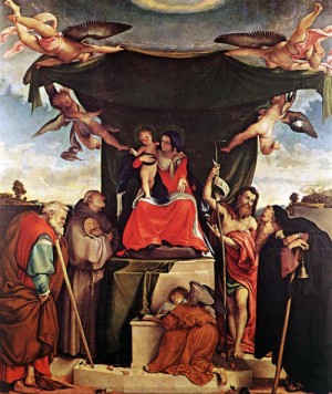 Oil lotto, lorenzo Painting - Madonna and Child with Saints    1521 by Lotto, Lorenzo