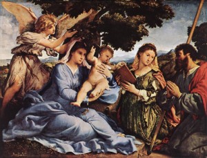 Oil lotto, lorenzo Painting - Madonna and Child with Saints and an Angel    1527-28 by Lotto, Lorenzo
