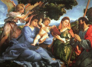 Oil lotto, lorenzo Painting - Madonna and Child with Saints Catherine and James, 1527-33 by Lotto, Lorenzo