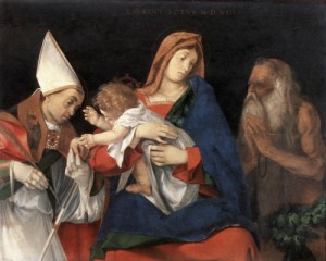 Oil lotto, lorenzo Painting - Madonna and Child with St Flavian and St Onophrius    1508 by Lotto, Lorenzo