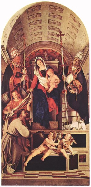Oil lotto, lorenzo Painting - Madonna and Child with Sts Dominic, Gregory and Urban    1508 by Lotto, Lorenzo