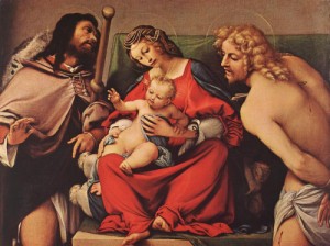 Oil lotto, lorenzo Painting - Madonna with the Child and Sts Rock and Sebastian    c. 1522 by Lotto, Lorenzo