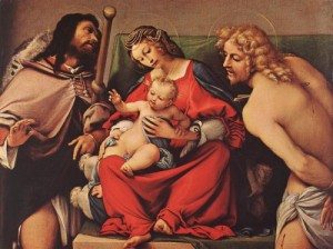 Oil madonna Painting - Madonna with the Child and Sts Rock and Sebastian    c. 1522 by Lotto, Lorenzo
