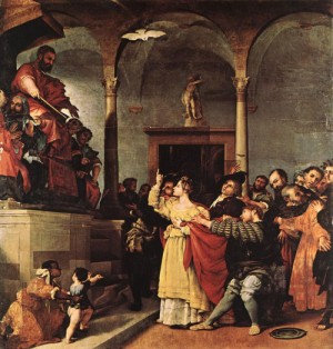 Oil lotto, lorenzo Painting - St Lucy before the Judge   1532 by Lotto, Lorenzo