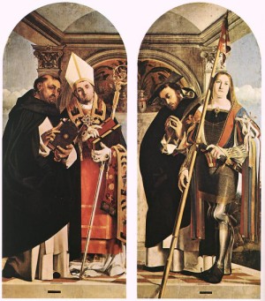 Oil lotto, lorenzo Painting - Sts Thomas Aquinas and Flavian, Sts Peter the Martyr and Vitus    1508 by Lotto, Lorenzo