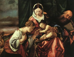 Oil lotto, lorenzo Painting - The Mystic Marriage of St. Catherine   1506-07 by Lotto, Lorenzo