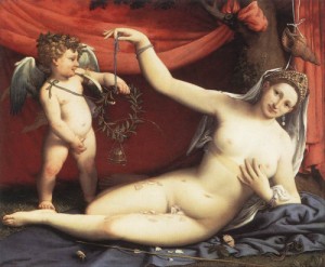 Oil lotto, lorenzo Painting - Venus and Cupid    1540 by Lotto, Lorenzo