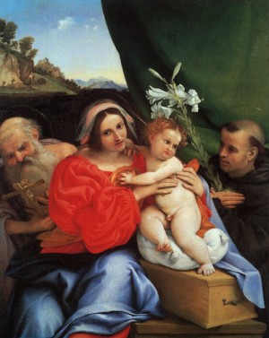 Oil lotto, lorenzo Painting - Virgin and Child with Saints Jerome and Anthony, 1521 by Lotto, Lorenzo