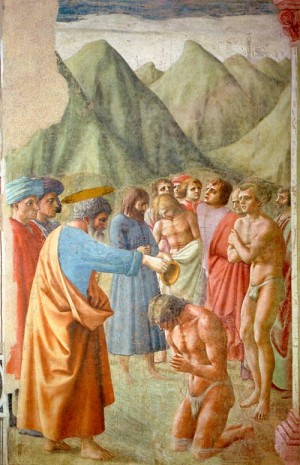 Oil masaccio Painting - Baptism of the Neophytes, 1426-27 by Masaccio