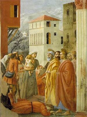 Oil masaccio Painting - Saint Peter Distributing Alms and the Death of Ananias  1425-26 by Masaccio