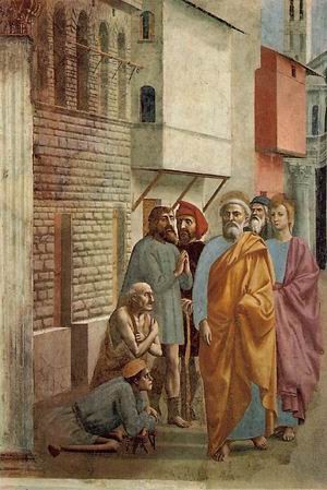 Oil masaccio Painting - Saint Peter Healing with His Shadow  1425-26 by Masaccio