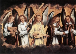 Oil angel Painting - Angel Musicians (left panel)    1480s by Memling, Hans