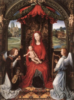 Oil memling, hans Painting - Madonna Enthroned with Child and Two Angels   1490-91 by Memling, Hans