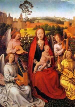 Oil memling, hans Painting - Mary in the Rose Bower, 1480 by Memling, Hans