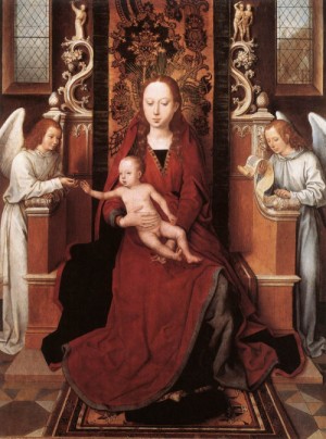 Oil memling, hans Painting - Virgin and Child Enthroned with Two Angels    1485-90 by Memling, Hans