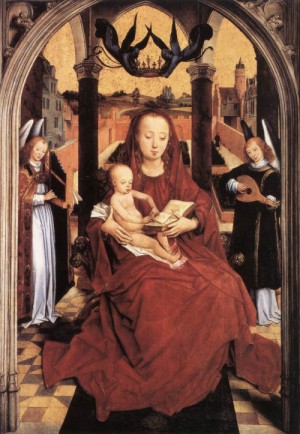 Oil memling, hans Painting - Virgin and Child Enthroned with two Musical Angels    1465-67 by Memling, Hans