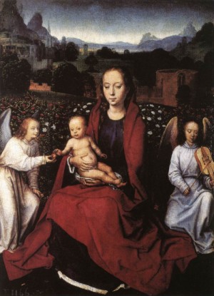Oil memling, hans Painting - Virgin and Child in a Rose-Garden with Two Angels   1480s by Memling, Hans
