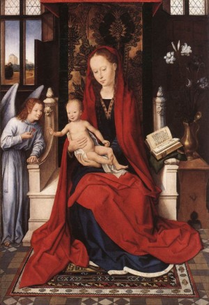 Oil memling, hans Painting - Virgin Enthroned with Child and Angel   c. 1480 by Memling, Hans