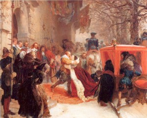 Oil menzel, adolph von Painting - Gustav Adolph Greets his Wife outside Hanau Castle in January 1632  1847 by Menzel, Adolph von