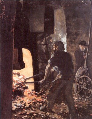Oil menzel, adolph von Painting - Self-Portrait with Worker near the Steam-hammer  1872 by Menzel, Adolph von