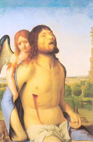 Oil messina, antonello da Painting - The Dead Christ Supported by an Angel  1476 by Messina, Antonello da