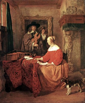 Oil woman Painting - A Woman Seated at a Table and a Man Tuning a Violin by Metsu, Gabriel
