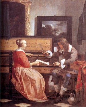 Oil woman Painting - Man and Woman Sitting at the Virginal   1658-60 by Metsu, Gabriel