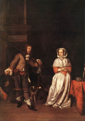 Oil woman Painting - The Hunter and a Woman by Metsu, Gabriel