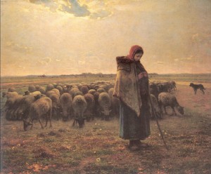 Oil millet, jean-francois Painting - Shepherdess with her Flock   1864 by Millet, Jean-Francois