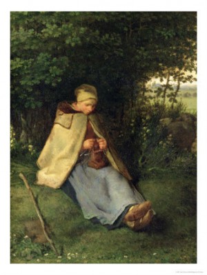 Oil millet, jean-francois Painting - The Knitter Or, the Seated Shepherdess, 1858-60 by Millet, Jean-Francois