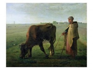 Oil woman Painting - Woman Grazing Her Cow, 1858 by Millet, Jean-Francois