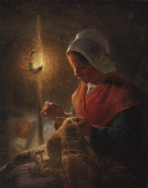 Oil woman Painting - Woman Sewing By Lamplight 1870-1872 by Millet, Jean-Francois