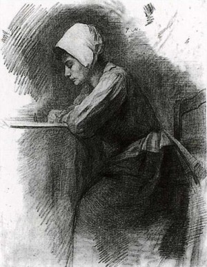 Oil mondrian, piet Painting - Girl Writing.  Schrijvend meisje. c.1892-95 by Mondrian, Piet