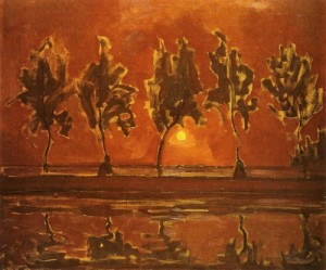 Oil the Painting - Trees by the Gein at Moonrise.  Bomen aan het Gein bij opkomende maan. 1907-08. by Mondrian, Piet