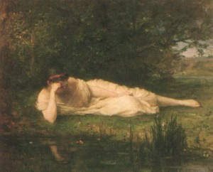 Oil morisot, berthe Painting - At the Water's Edge     1864 by Morisot, Berthe