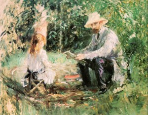 Oil garden Painting - Eugene Manet and his Daughter Julie in the Garden 1883 by Morisot, Berthe