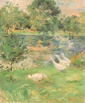 Oil girl Painting - Girl in a Boat, with Geese  1889 by Morisot, Berthe