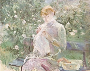 Oil garden Painting - Young Woman Sewing in a Garden   1881 by Morisot, Berthe