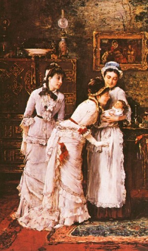 Oil baby Painting - Baby's Visitors (detai)  1879 by Munkacsy, Mihaly