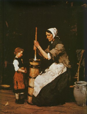 Oil munkacsy, mihaly Painting - Woman Churning  1872-73 by Munkacsy, Mihaly