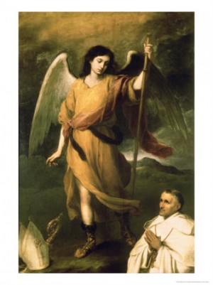 Oil murillo, bartolome esteban Painting - Archangel Raphael with Bishop Domonte by Murillo, Bartolome Esteban