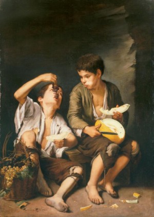 Oil murillo, bartolome esteban Painting - Boys Eating Fruit  1645-46 by Murillo, Bartolome Esteban