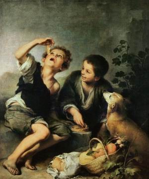 Oil murillo, bartolome esteban Painting - Children Eating a Pie, 1670-75 by Murillo, Bartolome Esteban