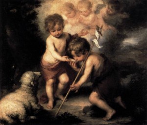 Oil murillo, bartolome esteban Painting - Infant Christ Offering a Drink of Water to St John   1675-80 by Murillo, Bartolome Esteban