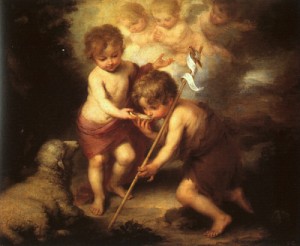 Oil murillo, bartolome esteban Painting - The Holy Children with a Shell, 1678 by Murillo, Bartolome Esteban