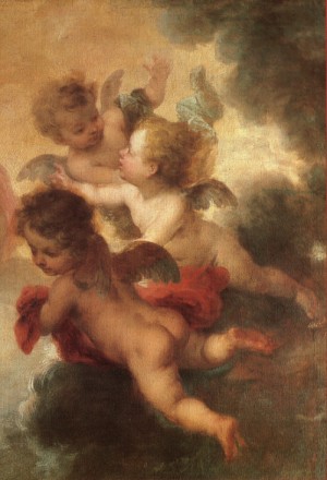 Oil murillo, bartolome esteban Painting - The Two Trinities, detail of angels by Murillo, Bartolome Esteban