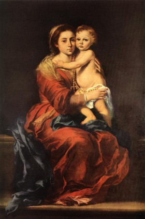 Oil murillo, bartolome esteban Painting - Virgin and Child with a Rosary   1650-55 by Murillo, Bartolome Esteban
