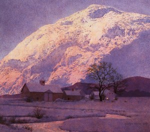 Oil mountain Painting - Mountain Farm at Winter, 1952, by Parrish, Maxfield